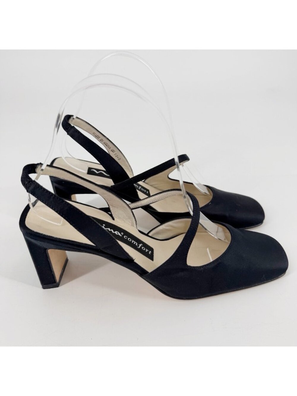 Vintage Nina Comfort Black Satin Slingback Block Heels 7M Square Toe Y2K